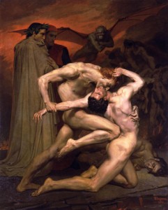 Bouguereau'nun iki çıplak adamın dövüşünü seyreden Dante ve Vergilius'un erotik tasviri